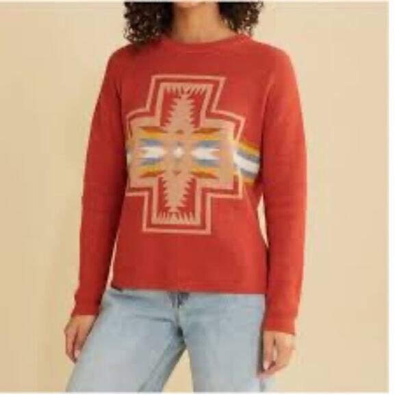 Pendleton Womens Harding Cotton Sweater Orange Tribal Southwest Pattern Small - Picture 1 of 14